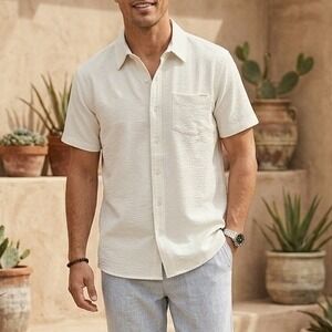 Laguna Mens Short Sleeve Button Up Shirt Light Blue Textured Stretch Size S